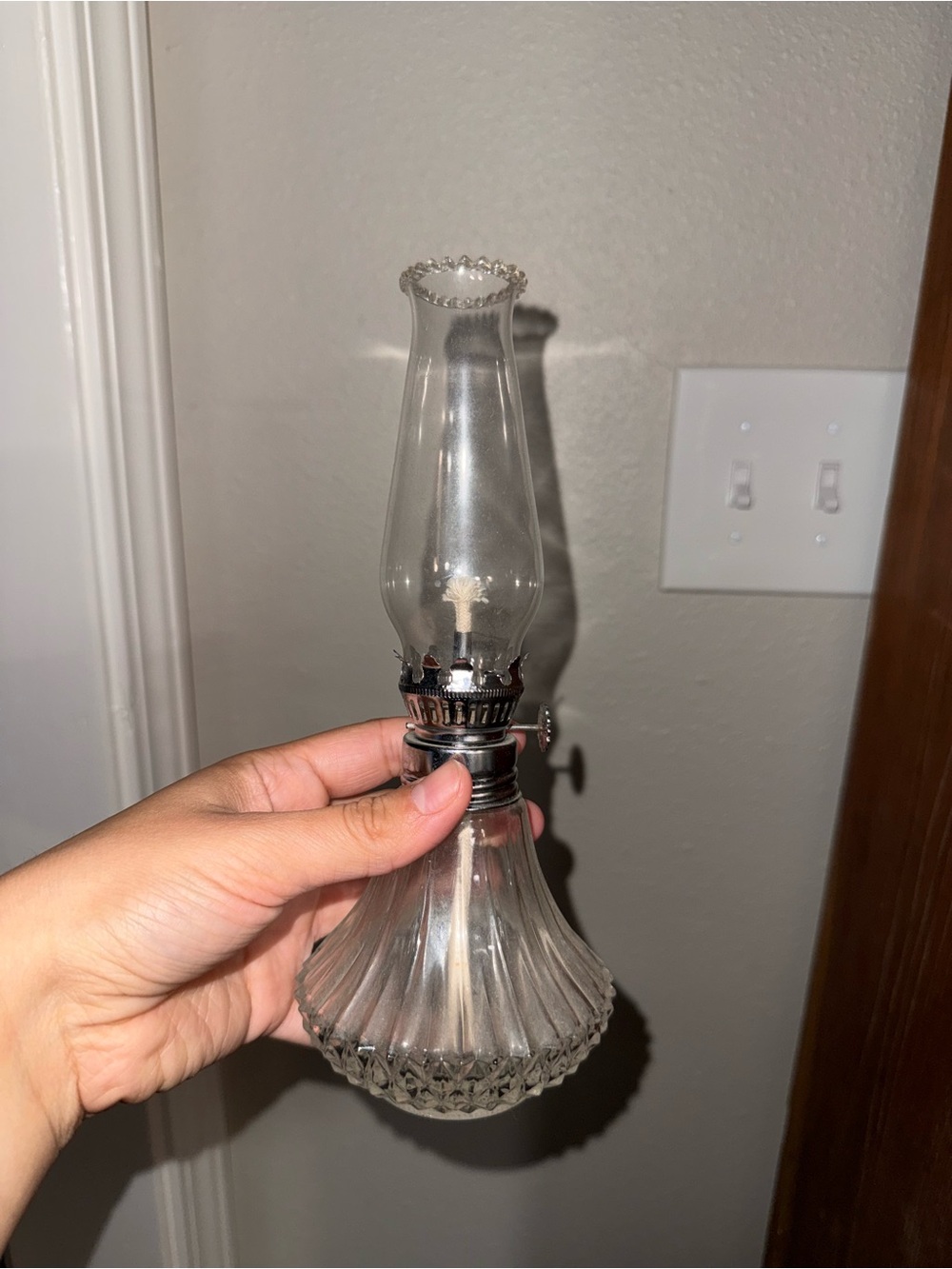 Clear Glass Oil Lamp with Silver-Tone Metal Trim